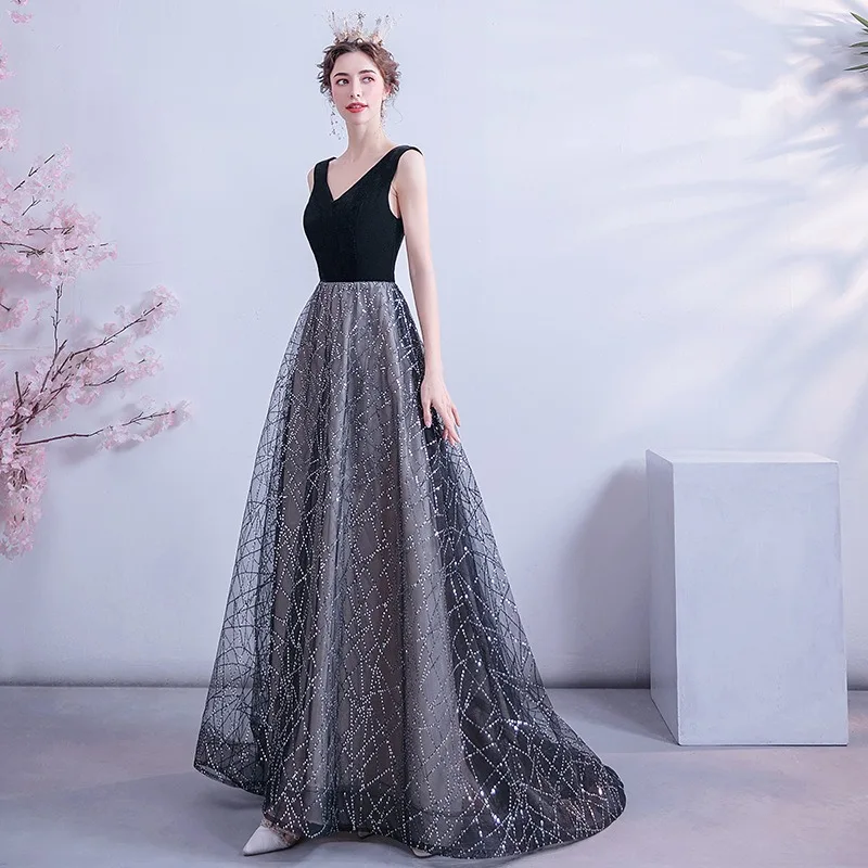 

New Women's Summer Black Deep V-neck Evening Dress Fashionable Slimming Performance Banquet Annual Meeting Walking Tail Dress