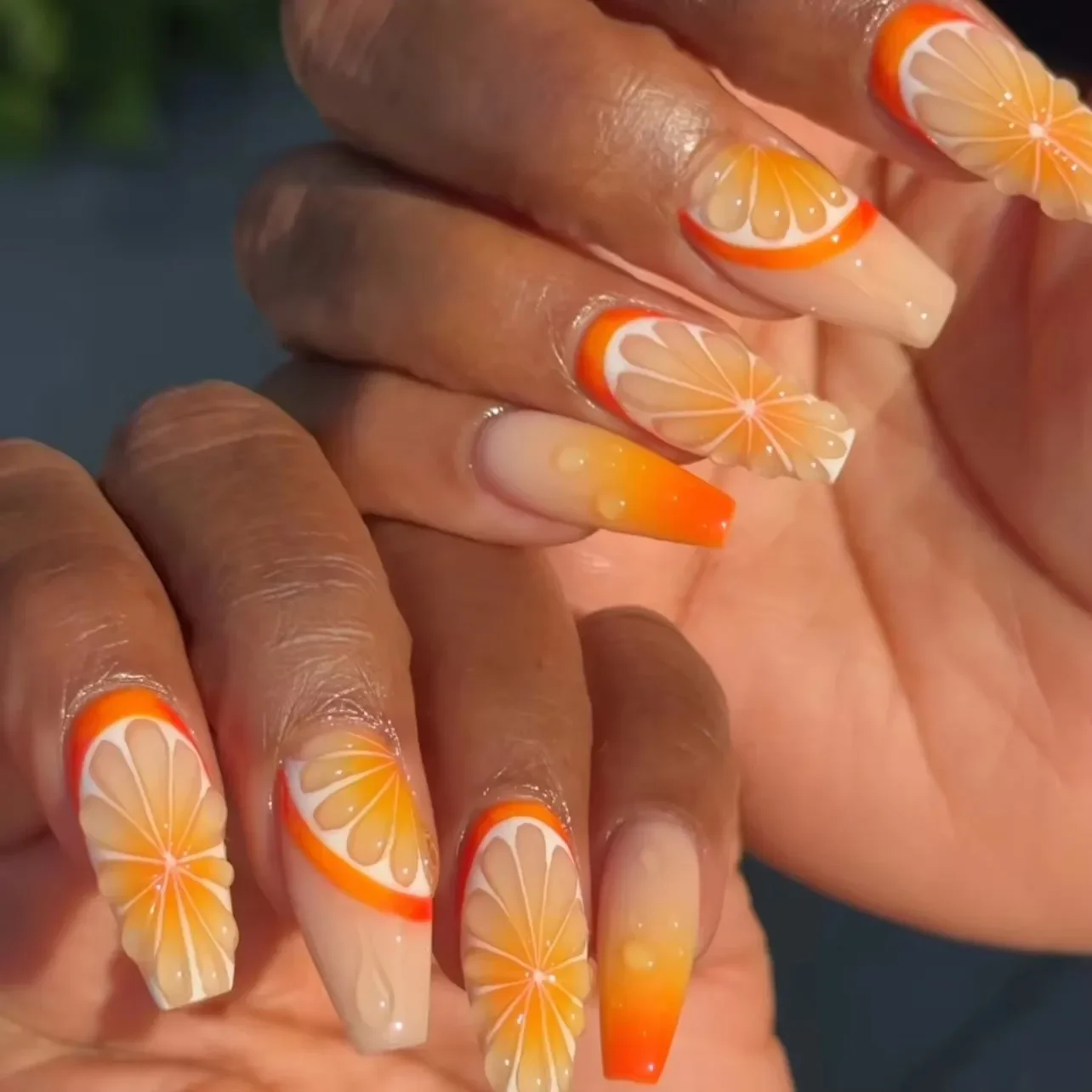 Gradient Fruit Orange Lemon Grapefruit Cherry Strawberry Flower Ballet Fake Nail Art Almond False Nails Realistic Press on Nails