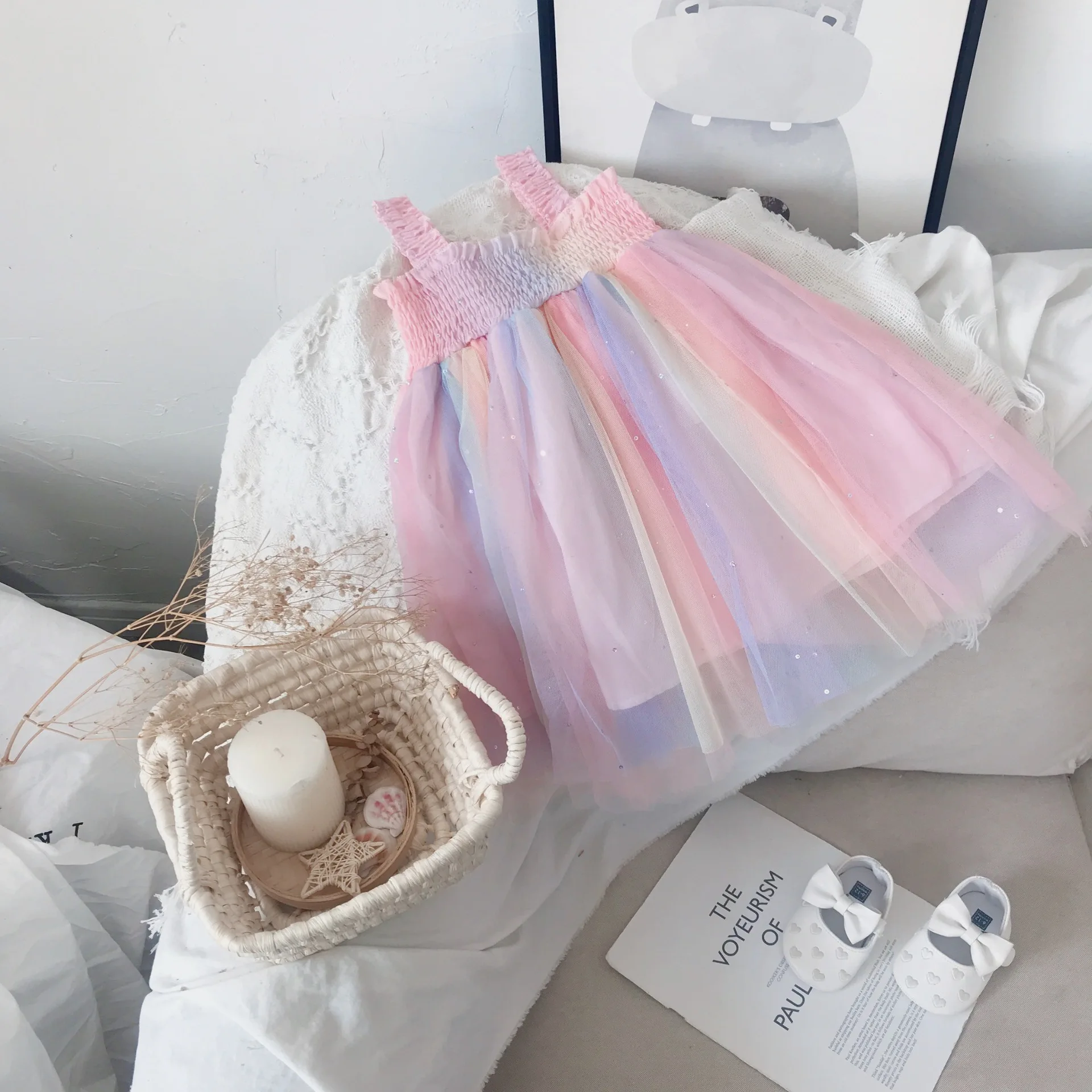 Girls' summer dress sling sleeveless square neck color mesh princess dress children's clothing children's dress sequin Tutu