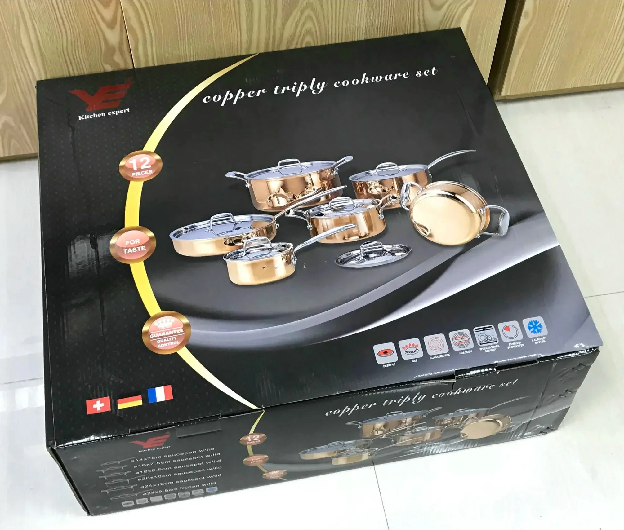 12-Piece Triple Layer Copper Stainless Steel Cookware Set, Professional Kitchenware for Home Restaurant Use