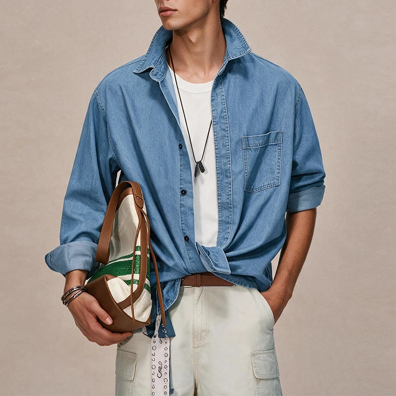 Men's Thin Denim Long Sleeve Shirt, Lapel Solid Color Button Down Casual Blouse, Men Spring Autumn Daily Wear Inner & Outer Top view 2