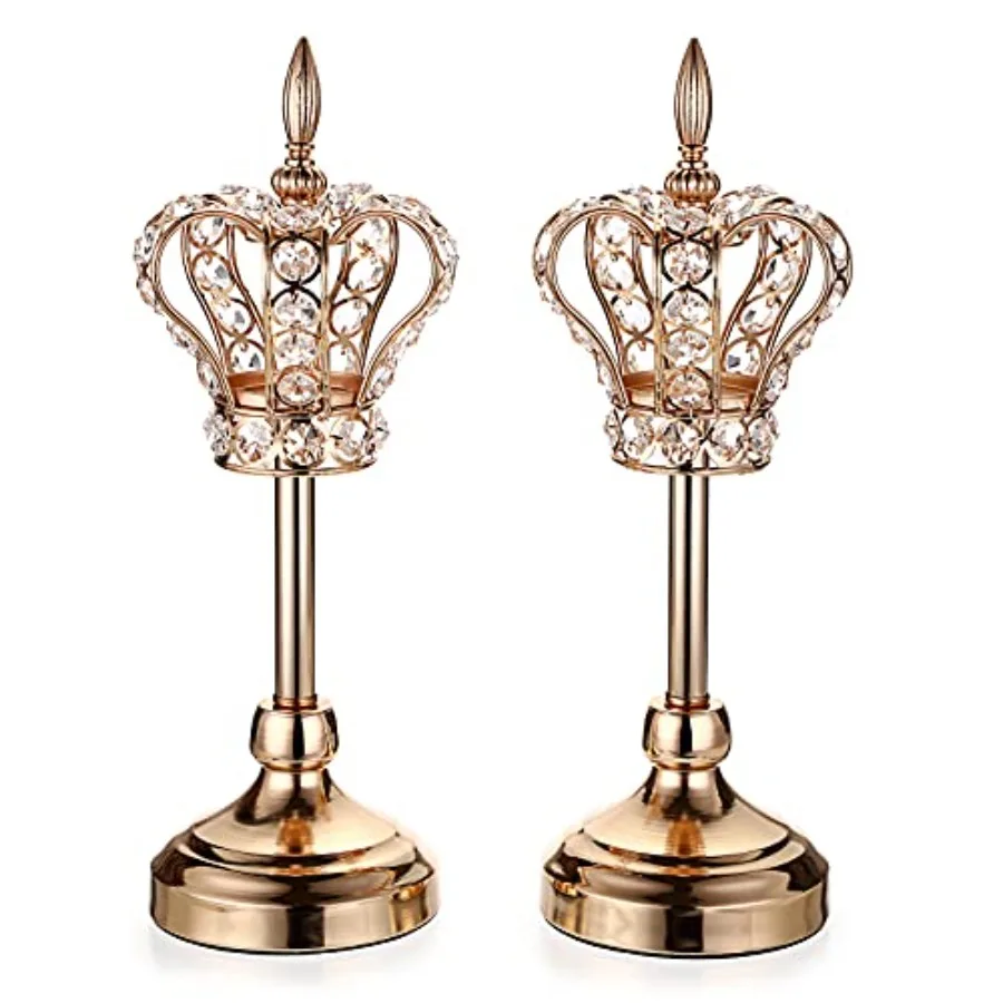 

2PCS Crystal Crown Candlestick Holders Tea Light Holders Metal Tealight Candelabra Gold Crystal Votive Candlesticks Set Elegant