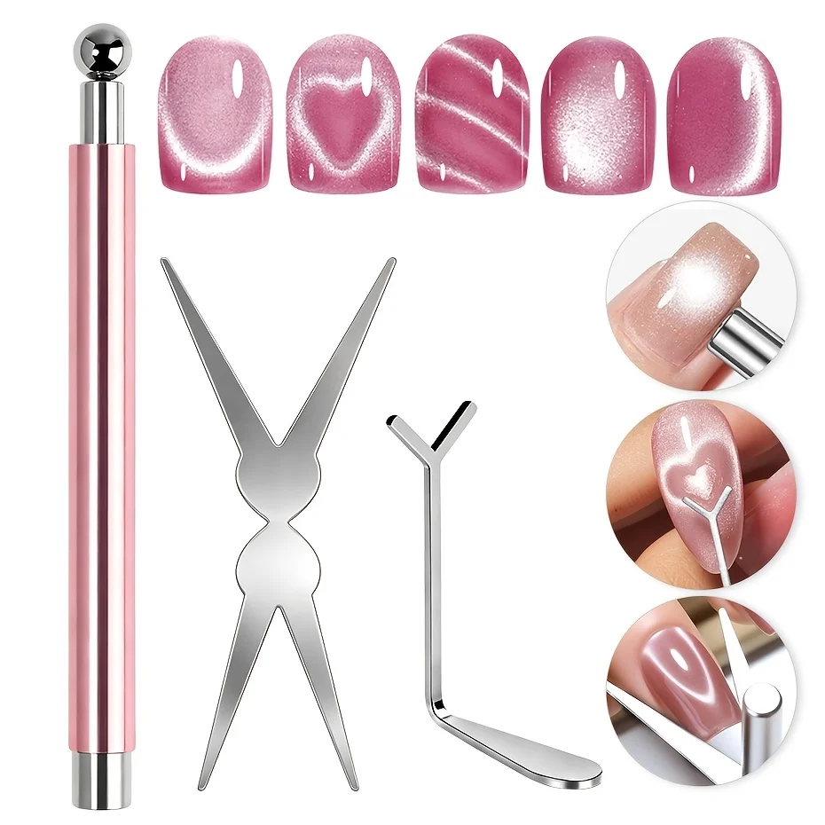 3Pcs Cat Eye Nail Magnet Set With Dual Head Magnetic Pen for Heart French Tip Smile Line Wide Hologram Gel Polish Art Styling To