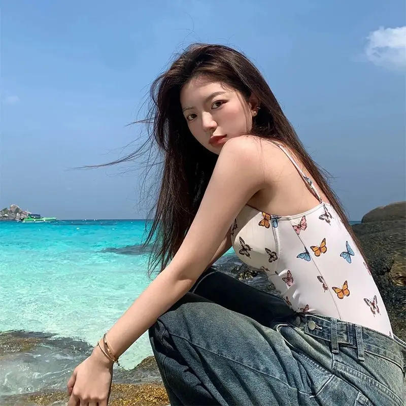 New One-piece Swimsuit High-value Style and Fashionable Temperament Sweet and Spicy Sleeveless Sweet Printed Butterfly