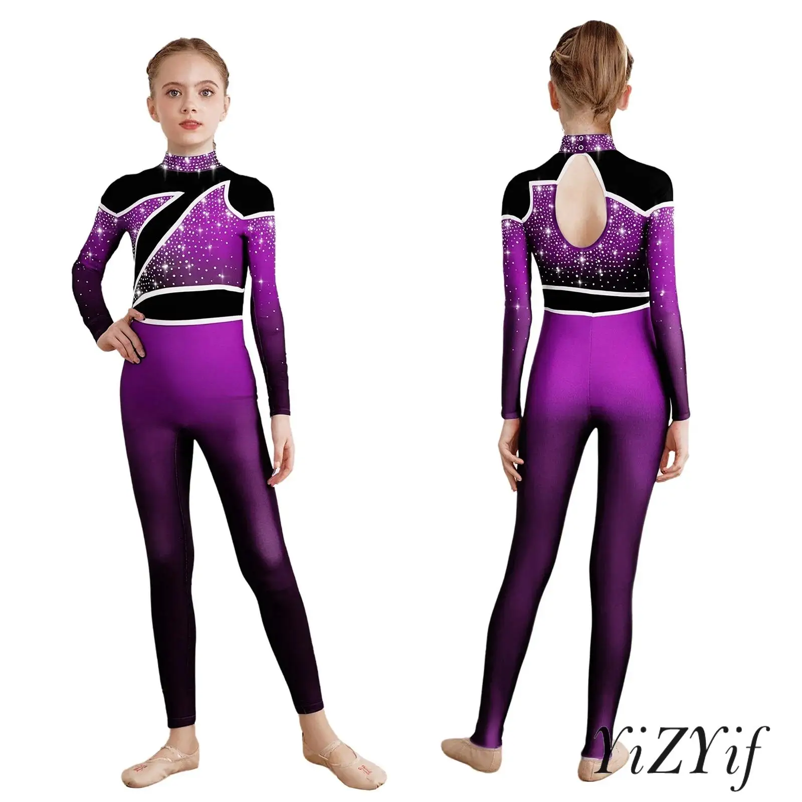 

Kids Girls Gymnastics Jumpsuit Gradient Long Sleeve Mock Neck Shiny Rhinestones Color Block Dance Stage Performance Clothes