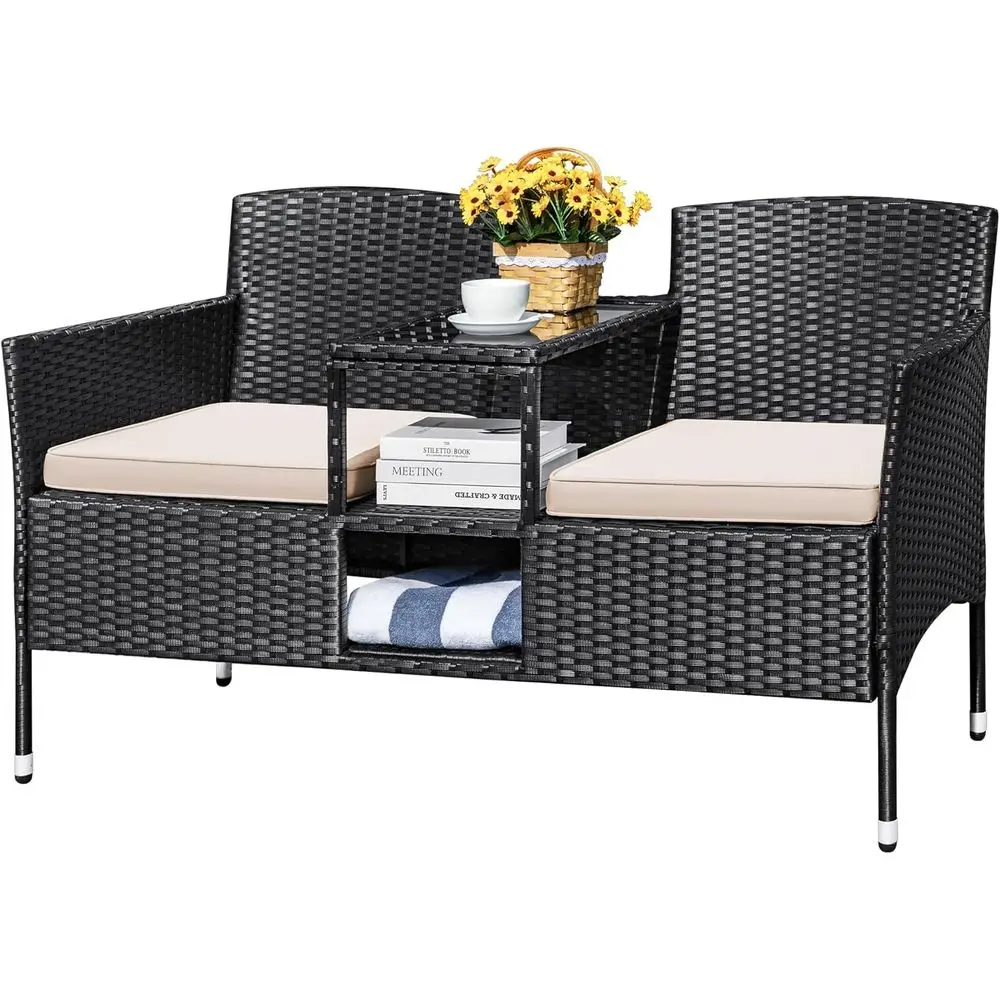 

2-Seat Rattan Patio Loveseat Set with Cushions and Built-in Coffee Table for Outdoor Garden Use (Beige)