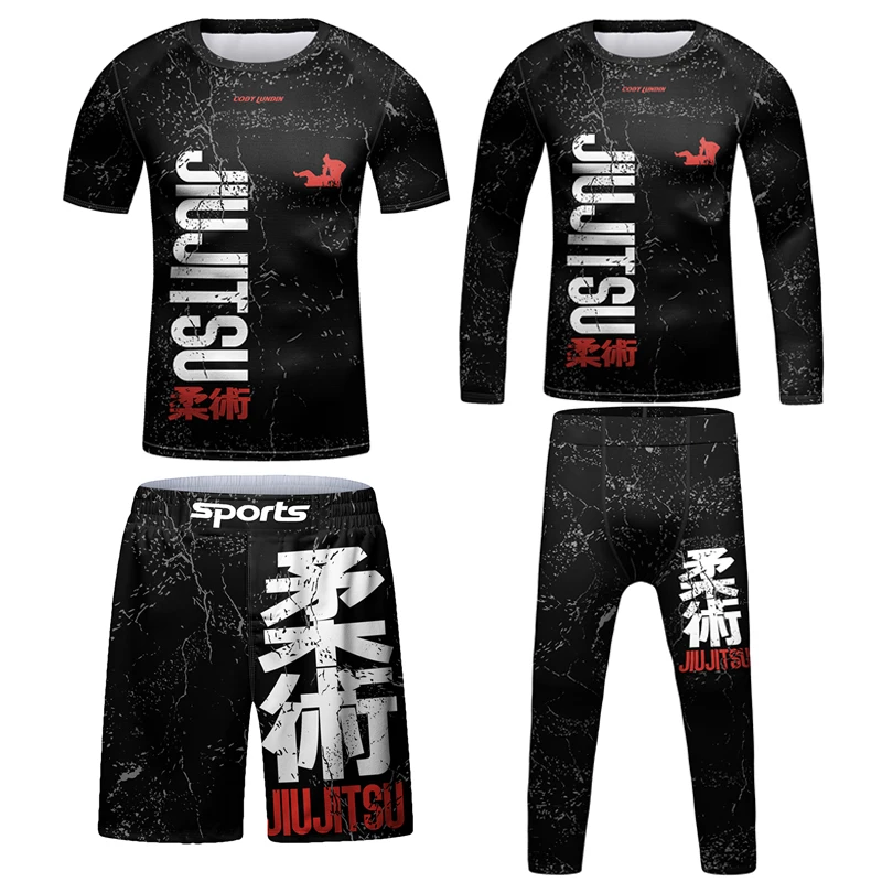 Dziecięce kimono Jiu Jitsu Rashguard dzieci Mma T-shirt + spodnie 4 sztuk/zestaw Muay thai spodenki Bjj Rashguard chłopiec koszulki bokserskie