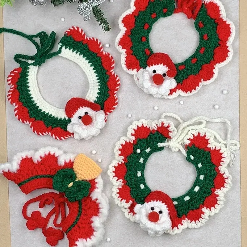 

Pet Accessories New Pet Christmas Knit Bib Cat Santa Collar Plush Bell Dog Drool Towel 4pcs