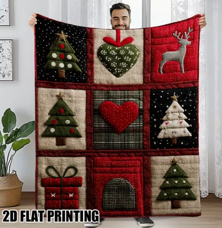 2D Christmas Patchwork Quilt Print Flannel Throw Blanket - Soft and Warm Comfortable Blanket for Sofa, Bed, Travel, and Camping