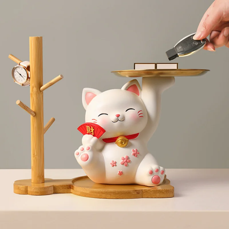 Resin Lucky Cat Storage Tray Korean Cartoon Cat Ornament Home Entrance Decoration Tray Living Room Organizer Storage Supplies