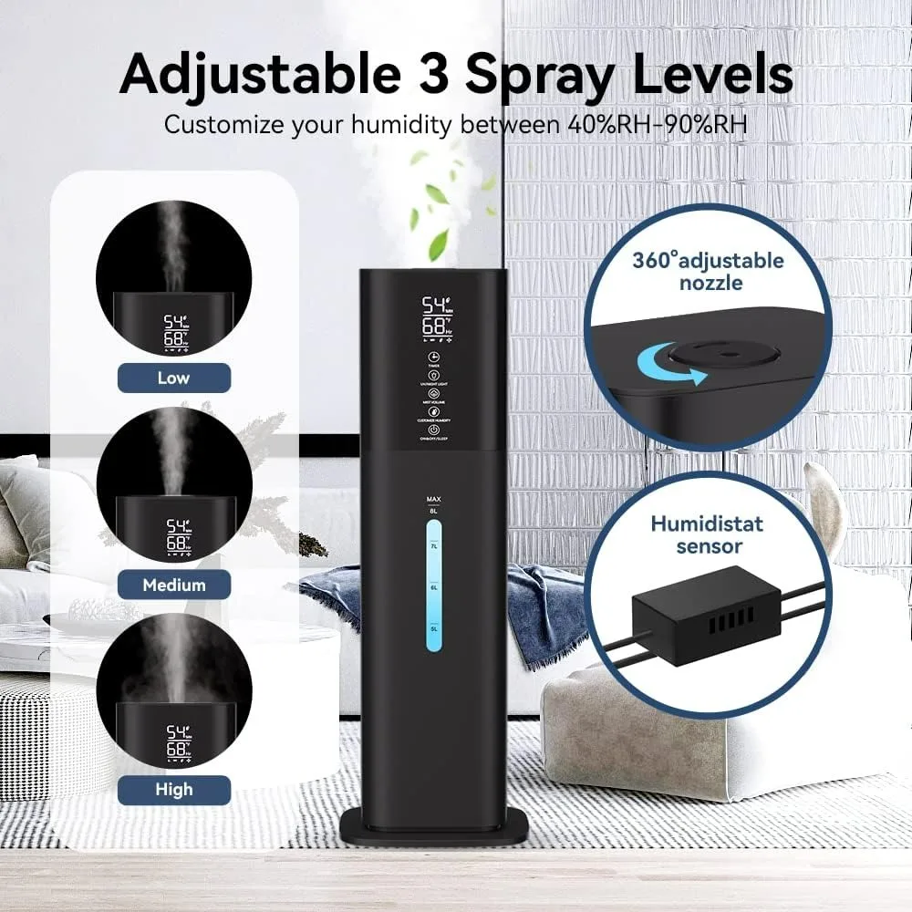Dormitorio de habitación grande con luz de 7 colores, 2,1 gal(8 L) Humidificador ultrasónico silencioso de niebla fría de 3 velocidades con 360 °   Boquilla, juego de humedad