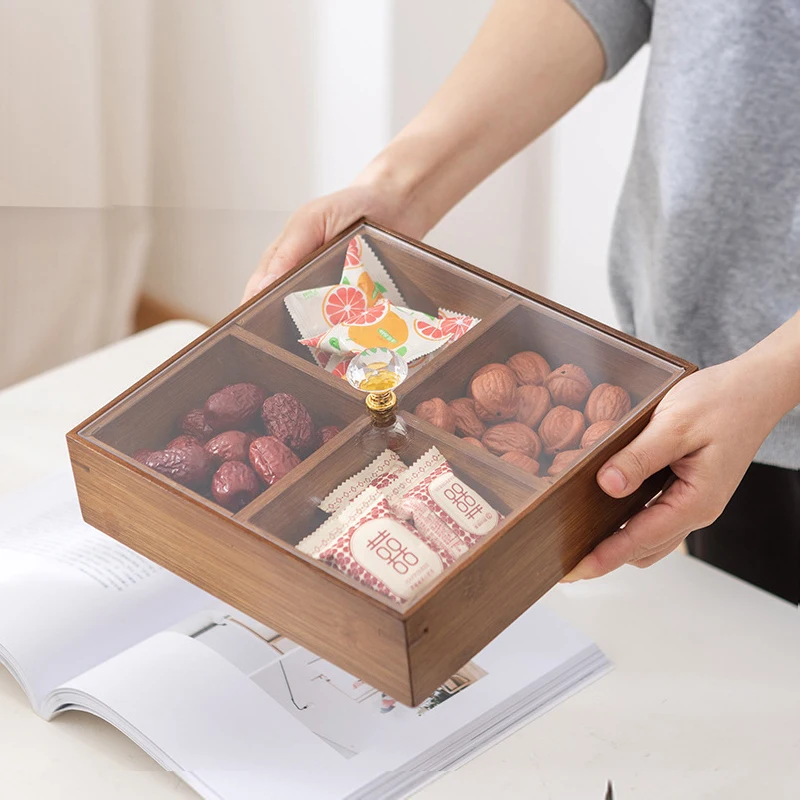 

HeMu Bamboo Chinese Style Four Squares Dried Fruit Snack Tray Wit Lid Living Room Teahouse Dessert Storage Box Restaurant Hotel