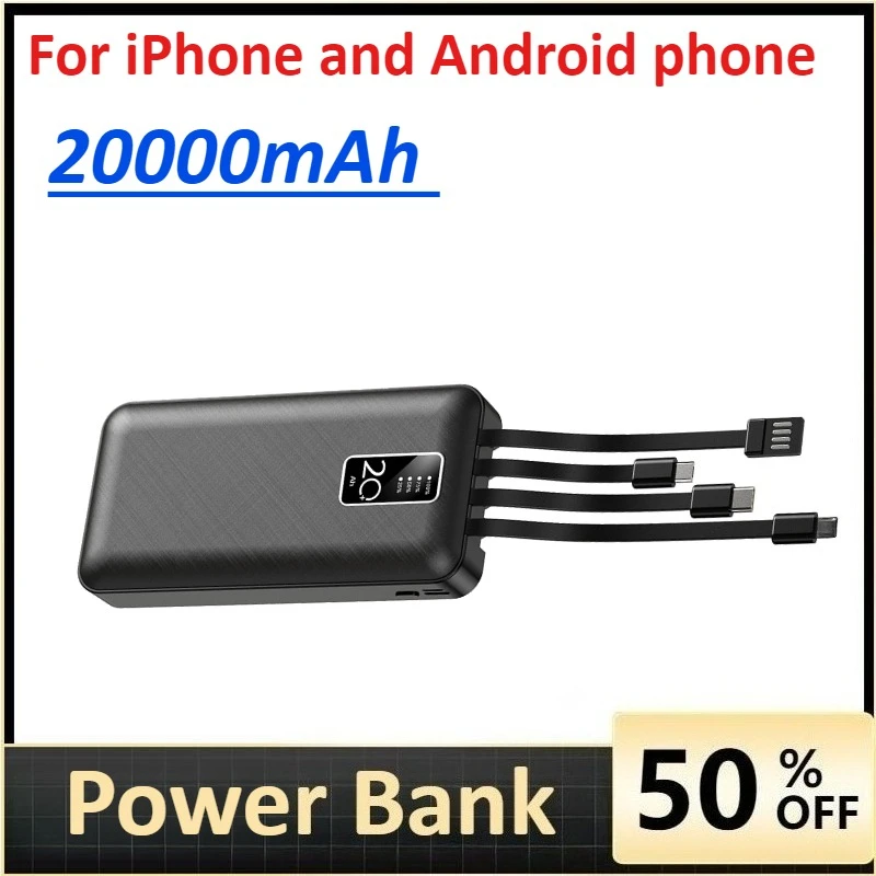 

20000mAh power bank with built-in cable Fast Charging for iPhone and Android phone portable charger