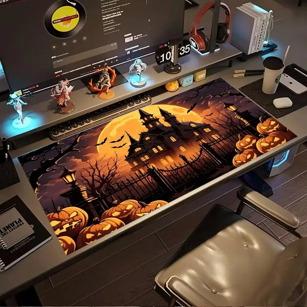 Halloween Haunted House Giant Moon Pumpkins Fence Extra Large Gaming Mouse Pad Non Slip Rubber Base Desk Mat for Spooky Style