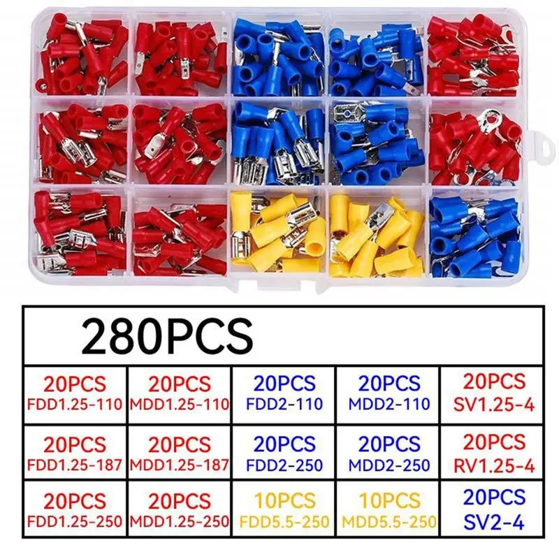 DT17 280Pcs Insulated Wire Electrical Connectors Assorted Male Female Spade Ring Crimp Terminals Kit with Tool