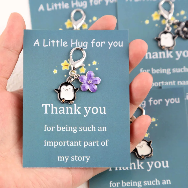5A cute penguin and cherry blossom keychain set，Comes with a hug pattern、Greeting Card、Thank you gift、Unique Keychain Set、Party