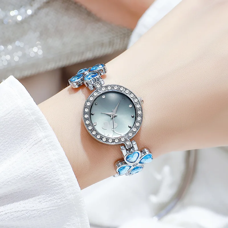 Korean Trendy Simple Fashion Student Watch Four Leaf Clover with Diamonds Women's Quartz Watch Gift Accessory Wristwatch Gifts