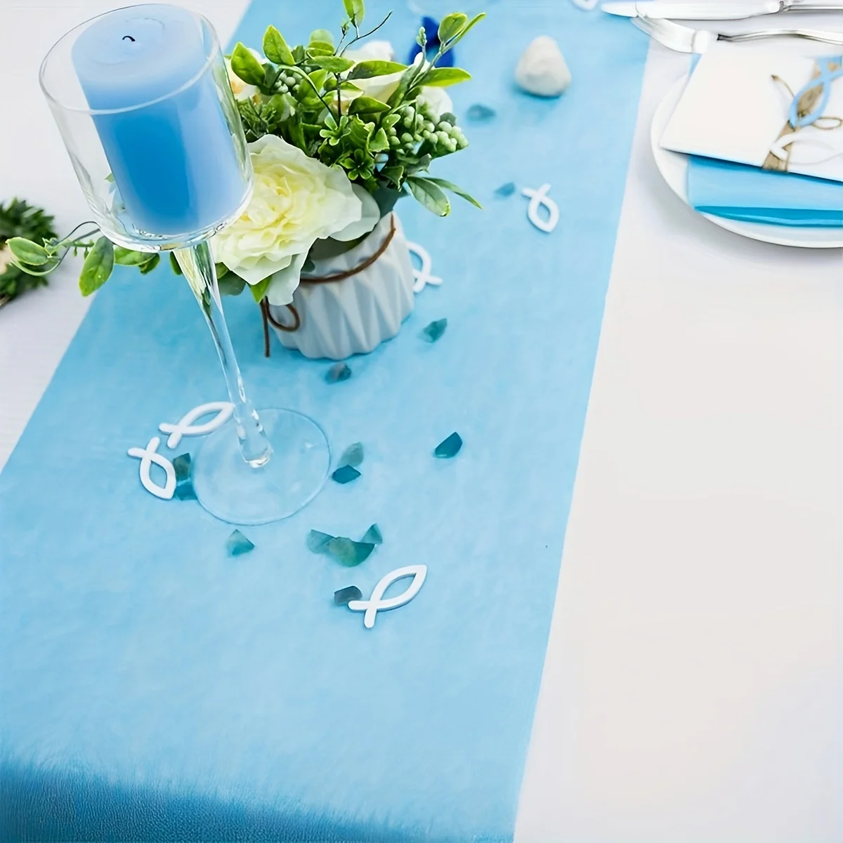 82 FT 100% Non-Woven Fabric Table Runner, Blue Pink Elegant Table Cloth Decoration for Parties Wedding Communions and Birthday