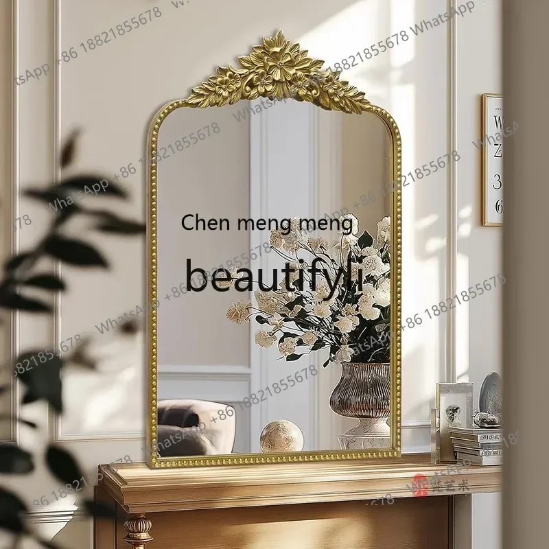 

N178 A Retro light luxury bathroom mirror wall hanging carved fireplace decorative mirror European home bedroom dresser makeup m