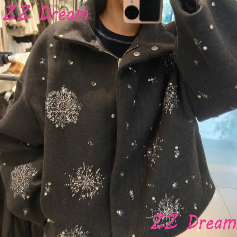 Embroidery Beading Loose Zipper Coat For Women Lapel Collar Bat Sleeve Solid Wool Blend Jacket 025 Autumn Casual Lady Outerwear