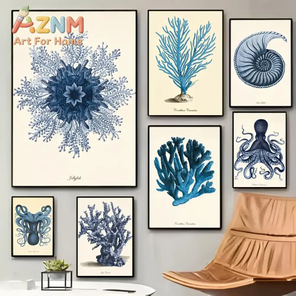 1pc frameless Blue Sea Creature Coral Shrimp Poster Poster Sticky Coffee House Bar Room Wall Decor Gift