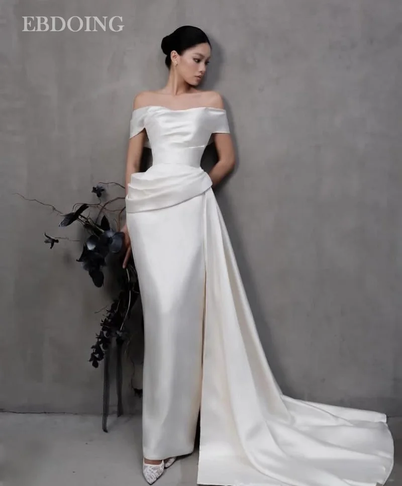 EBDOING Wedding Dress Mermaid Satin Boat Neck With Detachable Train Customized Bride Gowns Vestidos De Novia