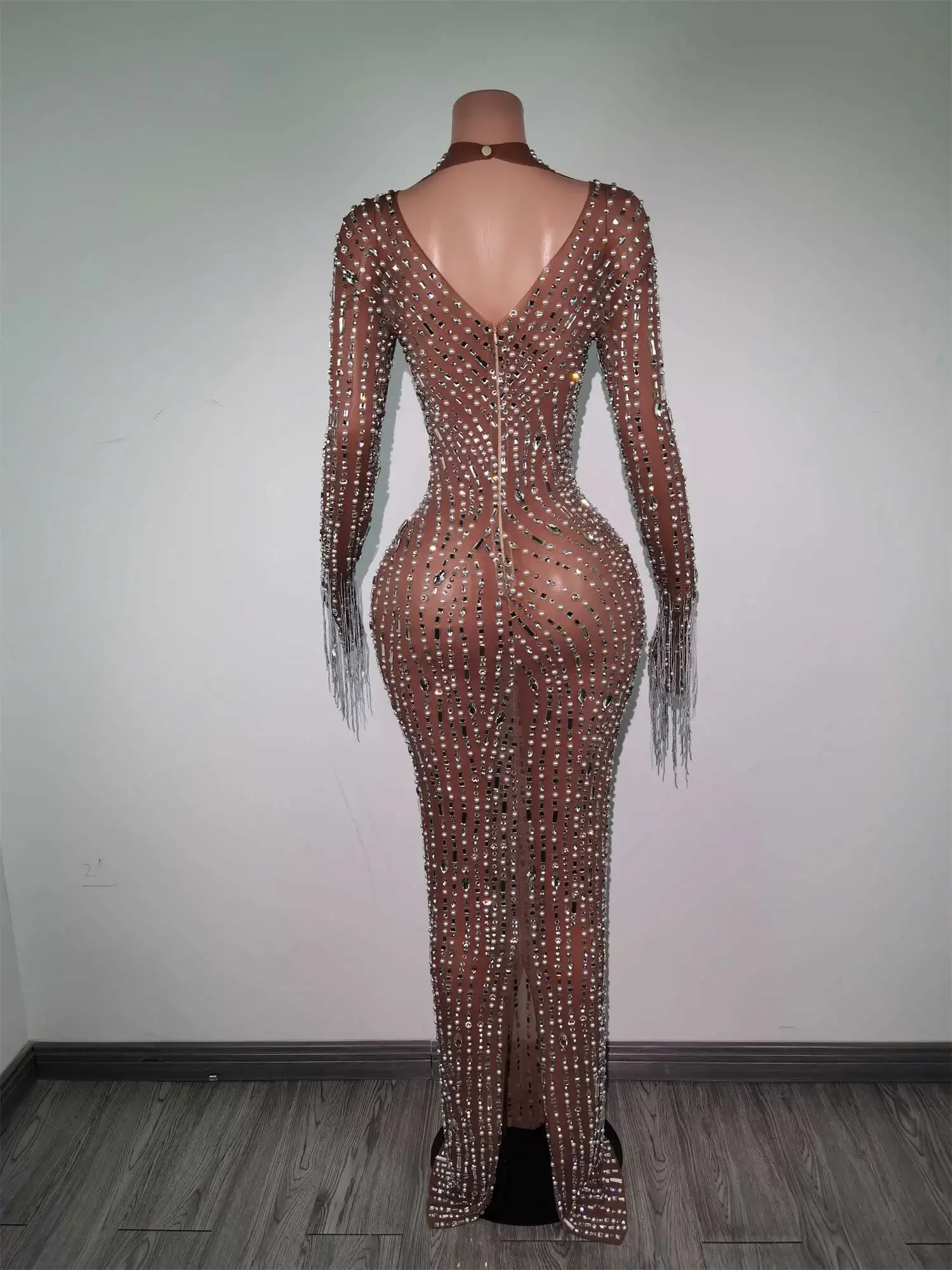 Vestido de LICRA con diamantes de imitación plateados para mujer, traje largo para celebración de cumpleaños, ropa de cantante, Bar, baile de graduación, actuación en escenario, 2024