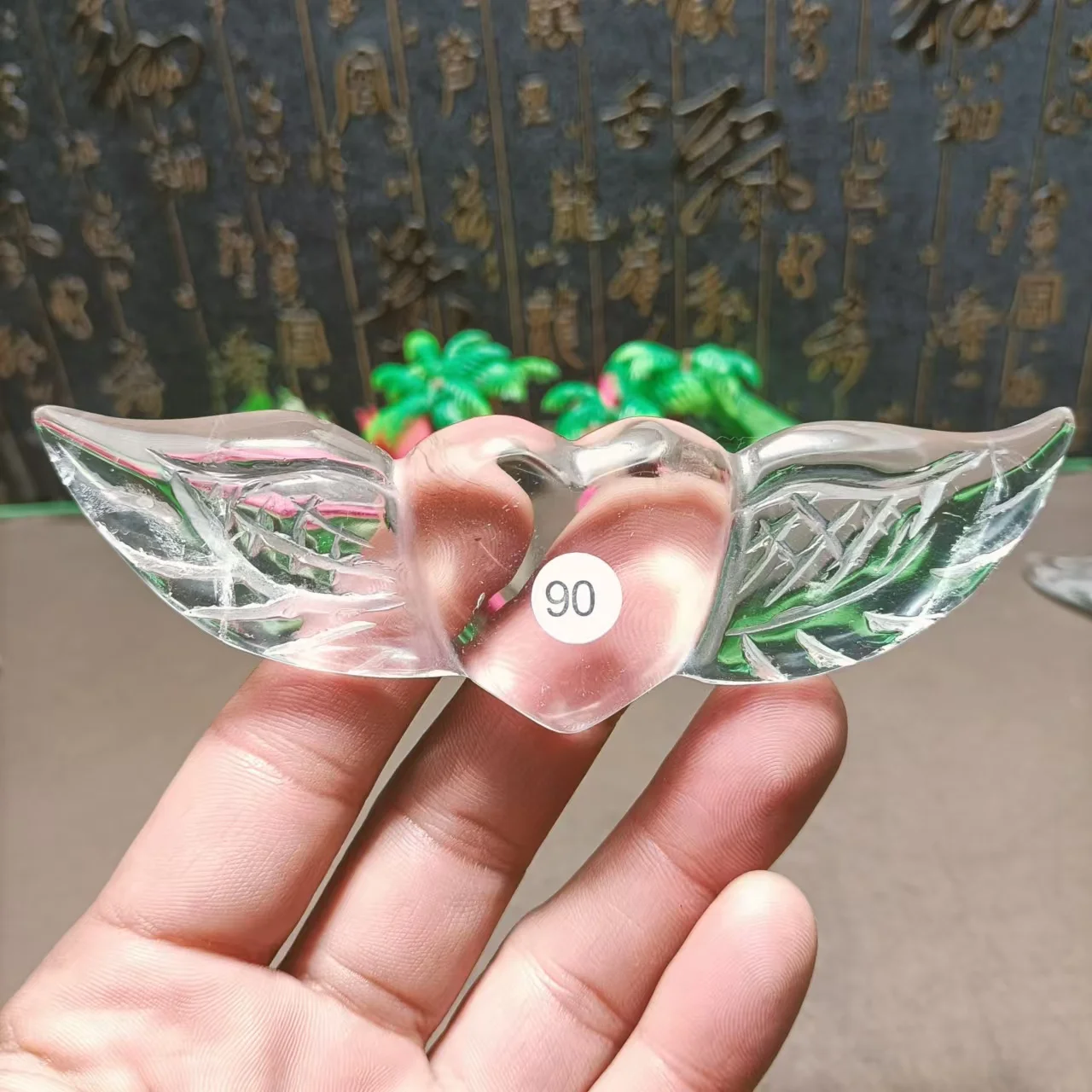 Natural Translucent Crystal Carved Reiki Heart with Wing Energy Quartz Ornament, Christmas Gift for Children