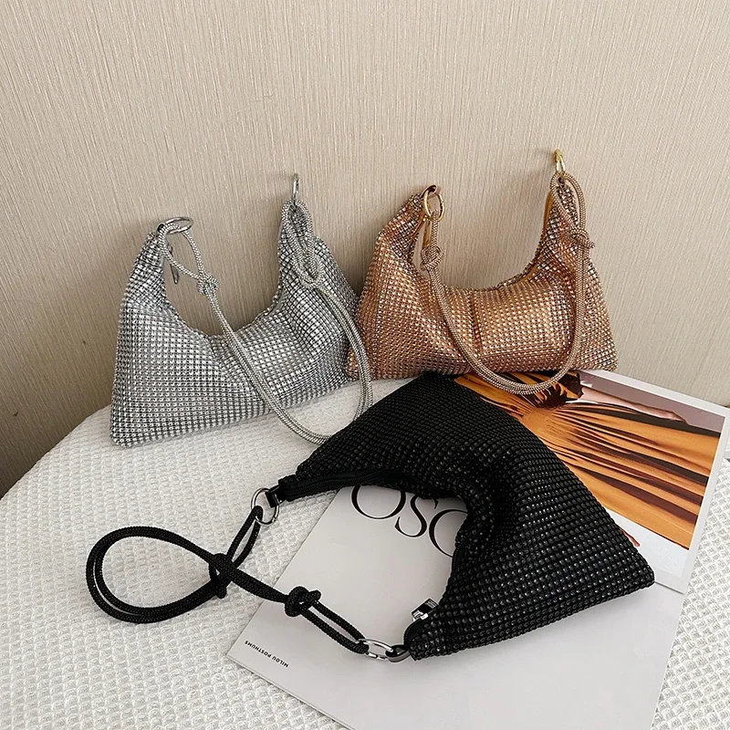 Designer Bag Women Luxury 2024 Trend Shoulder Bag Shiny Rhinestone Handbag Underarm Evening Bag Crescent Shape for Party Wedding