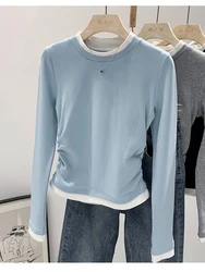 Women Girls Long Sleeve Short T-Shirts O-Neck Patchwork Slim-Fit Plain Fleece Tees Korean Fashion Simple Basic Tops Shirts