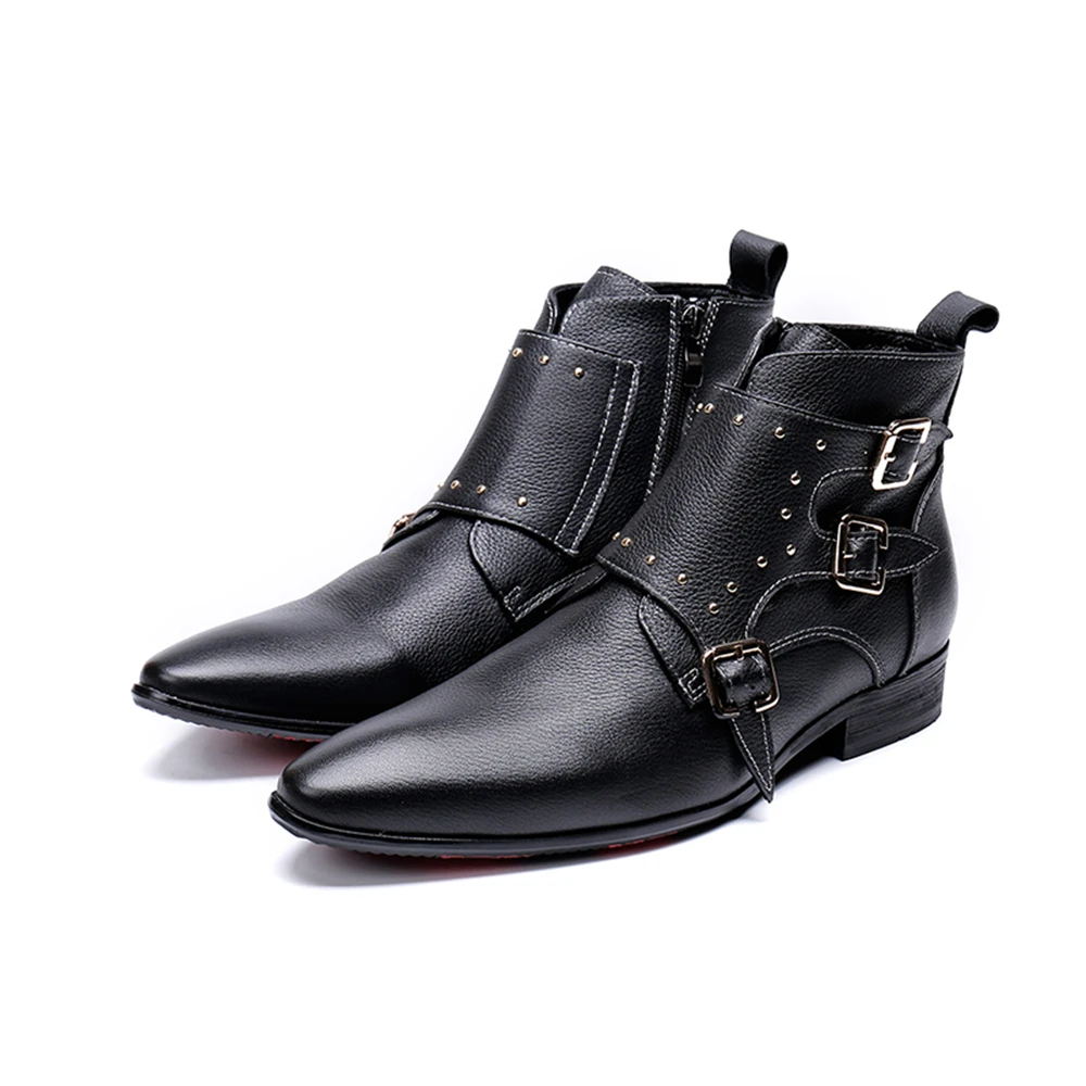 

Black Buckle Rhinestones Genuine Leather High Heels Pointed Toe Boots Male Plus Size Party Business British Style Dress Shoes