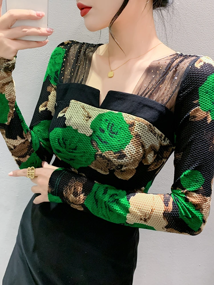 2023 New Arrival Autumn TShirt Women Patched Mesh Square Collar Full Sleeve High Stretch Slim T-shirts Tops
