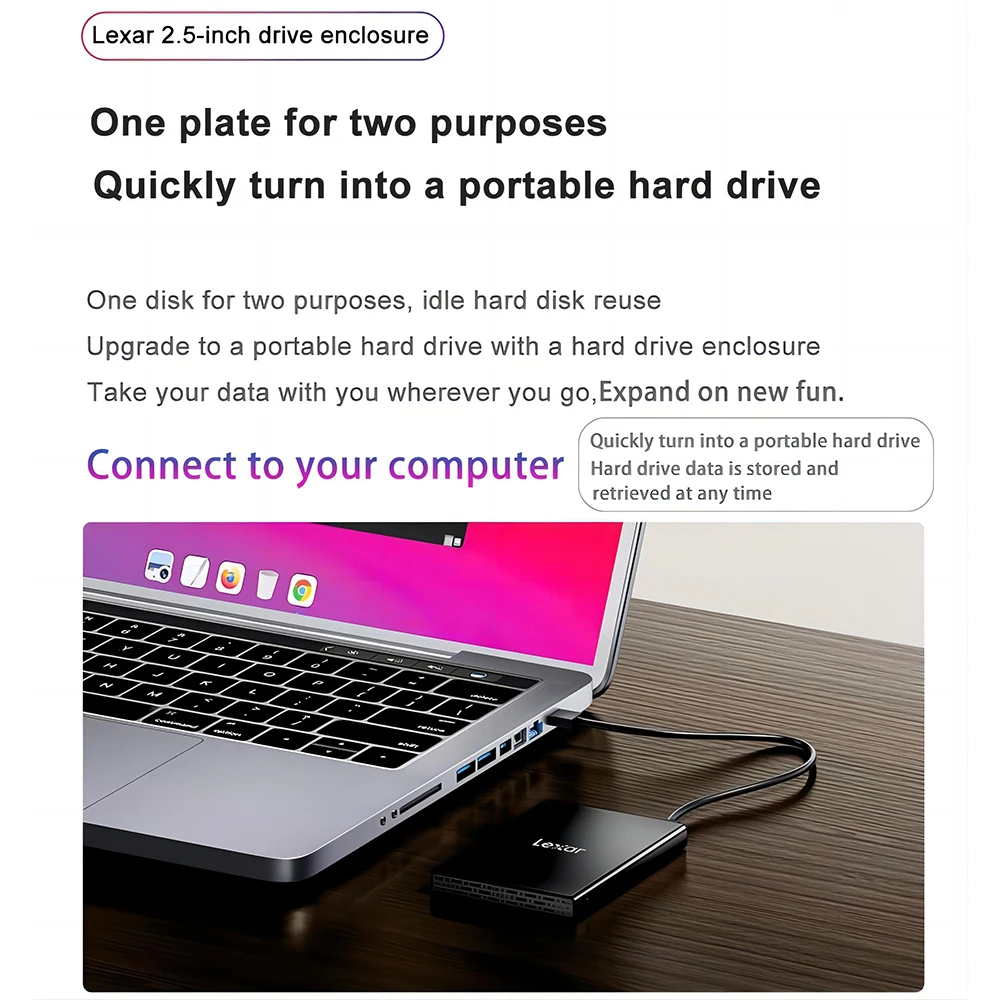Lexar E100 2.5 بوصة USB Type A 6Gbps صندوق القرص الصلب المحمول USB3.2 عالي السرعة SATA الحالة الصلبة HDD USB 3.0 آلة عالمية