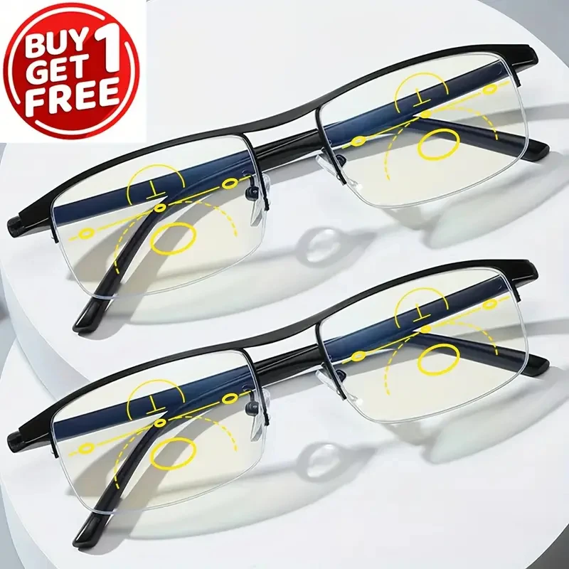 Kaufen Sie 1, und erhalten Sie 1 gratis, progressive multifokale Lesebrille, TR-Halbrahmen-Presbyopiebrille, Distanz- und Nahsicht, leicht