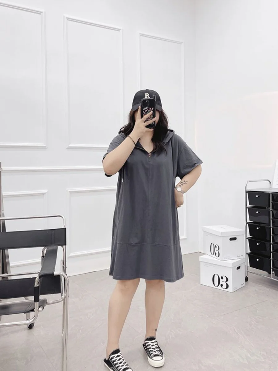 T-shirt à capuche pour femme grande taille Dr Summer New Sle T-shirt mi-long ort-savé dissimulant la viande Dr coréen Sle ro...