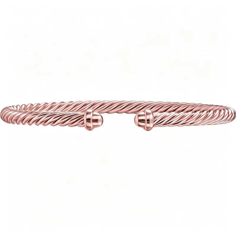 Women Baby Pink Aluminum Classic Cable Bracelet 4mm, Twisted Open Cuff Bangle with Ball Ends, Minimalist Daily Jewelry Gift