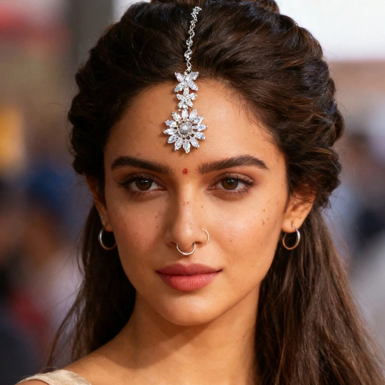 Silver Crystal Rhinestone Flower Maang Tikka Head Chain Hair Chain Forehead Pendant Indian Bridal Jewelry for Women Wedding