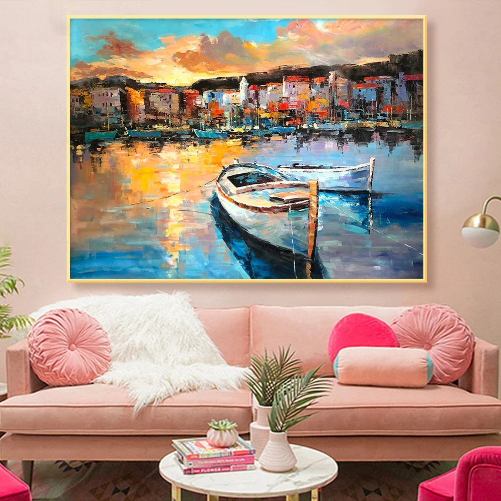Barco en la bahía más tranquila - Paisaje marino italiano pintado a mano, arte en lienzo sin marco con pintura al óleo de estilo clásico europeo