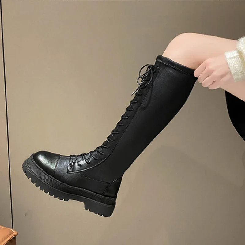 Women Punk Chunky Platform Motorcycle Boots Thick Bottom PU Leather Knee High Boots Woman Autumn Winter Black Long Botas Mujer