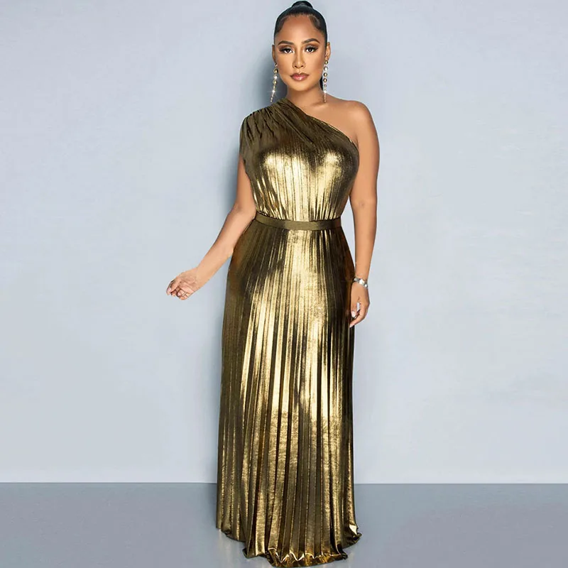 Metallic Party Night Long Pleated Dress Women Y2K Clubwear One Shoulder Skew Neck High Waist Bodycon Maxi Dresses Vestido Female