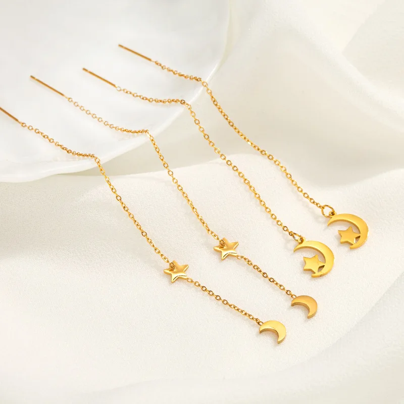 Stylish Star Moon Pendant Long Tassel Earrings Waterproof Gold Plated Stainless Steel Fashion Ear Wire Accessories For Women
