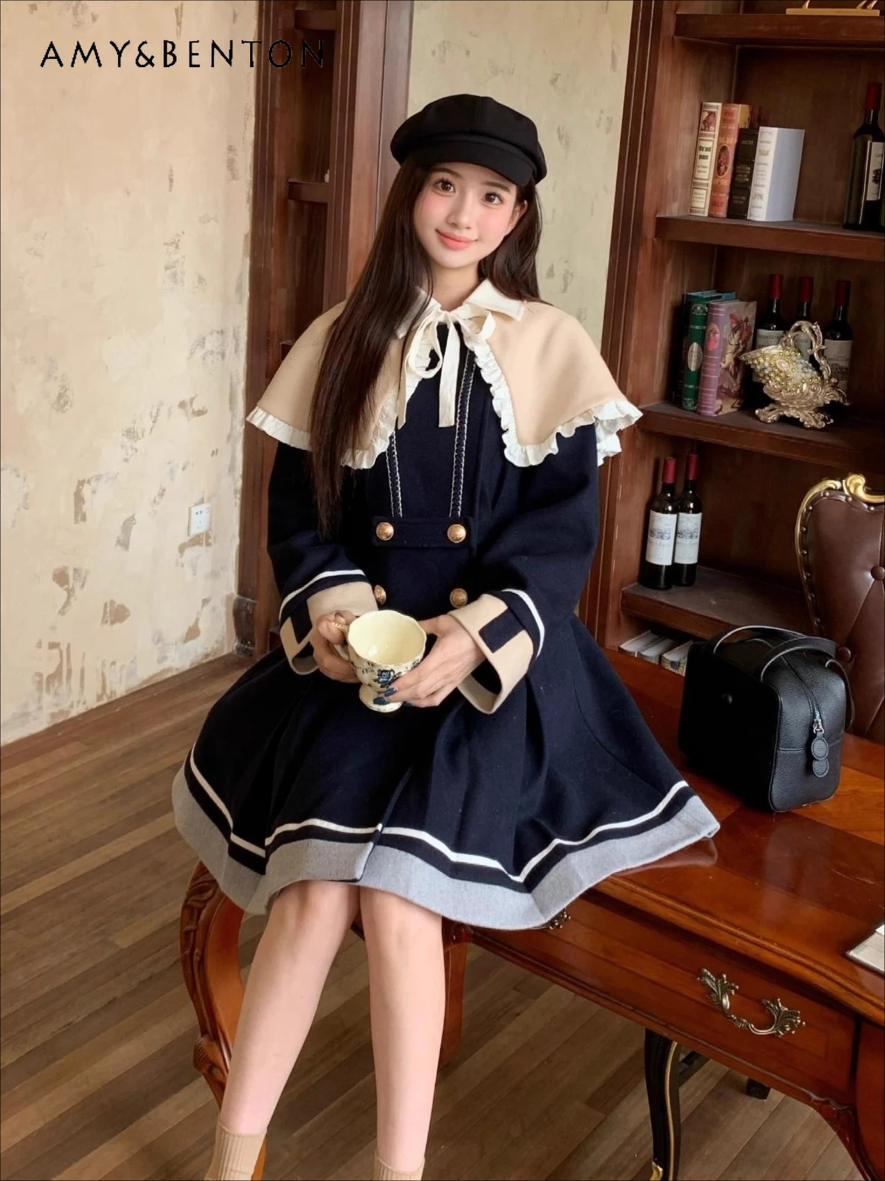 

Original College Style Detachable Woolen Cape Coat for Women Autumn Winter Sweet Cute Slim Double-Breasted Mid-Length Wool Coat