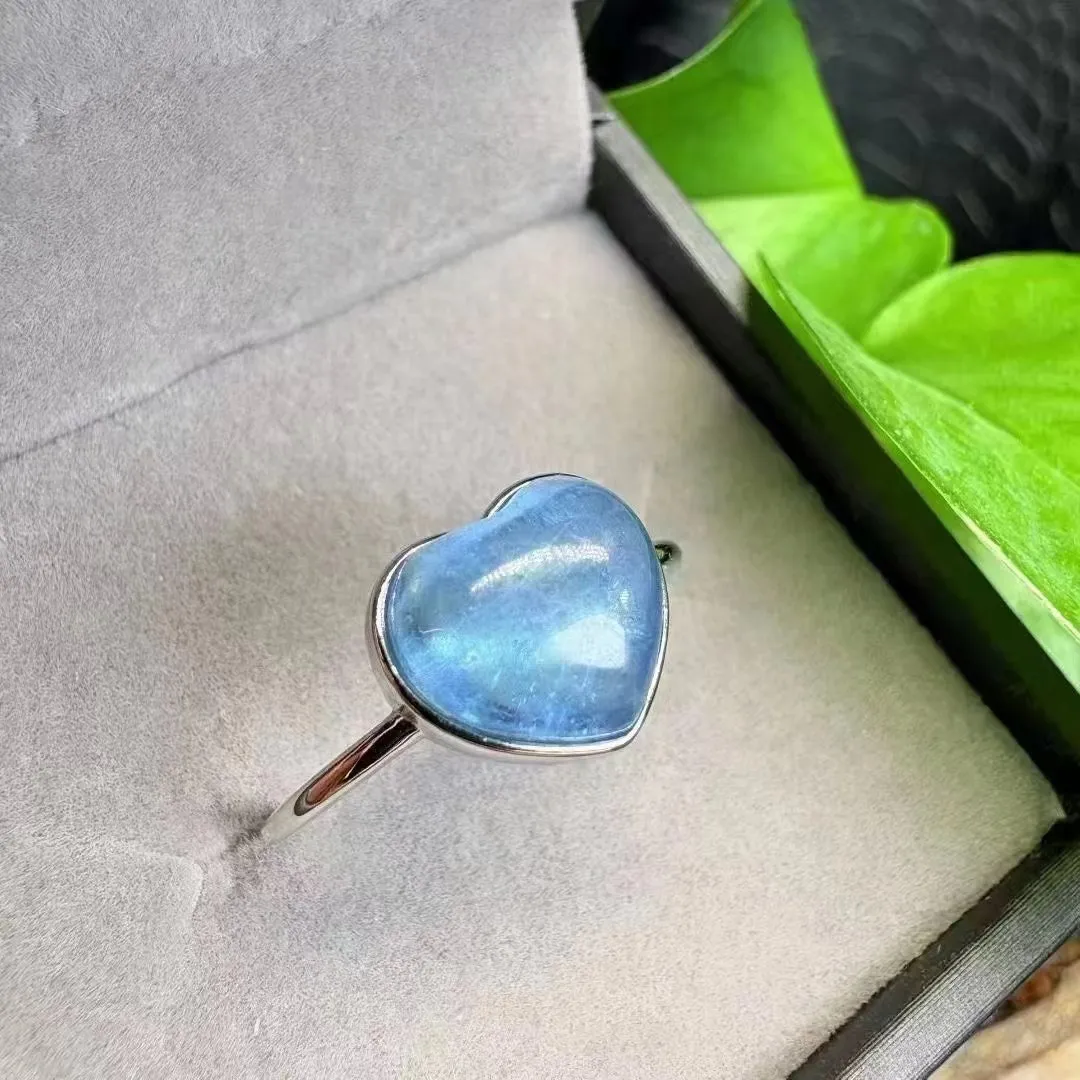 

1 Pc Fengbaowu Natural Aquamarine Heart Ring 9-11MM 925 Sterling Silver Reiki Healing Stone Jewelry Gift For Women