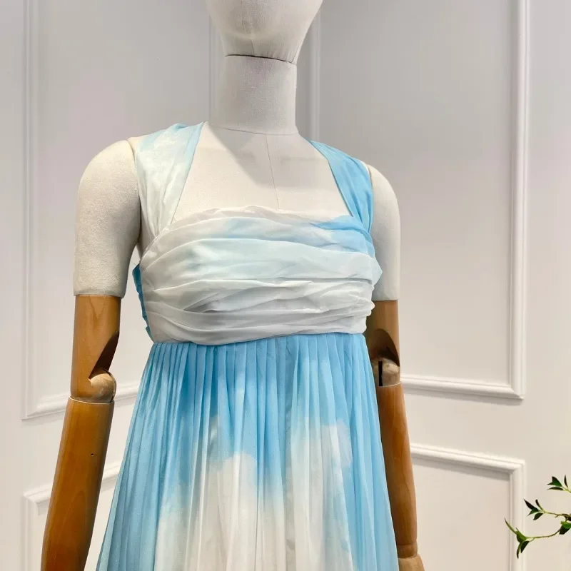 Draped Bodice Pleated Voluminous Skirt Maxi Dress Top Quality Gorgeous Beach Style 2025 New Collection Halterneck Print