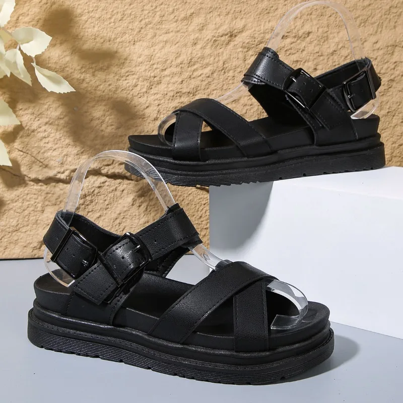 Nieuwe Zwarte Open Teen Flatform Wiggen Schoenen Vrouw Zomer Strand Sandalen Sexy Vrouwen Plus Size Pu Lederen Sandalias Plus Maat 43