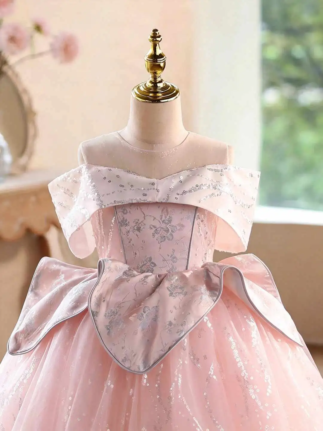 Jill Wish J631 Pink Off Shoulder Girls Princess Gown, Sequin Embroidery with Oversized Bow Sparkly Tulle Dress for Birthday