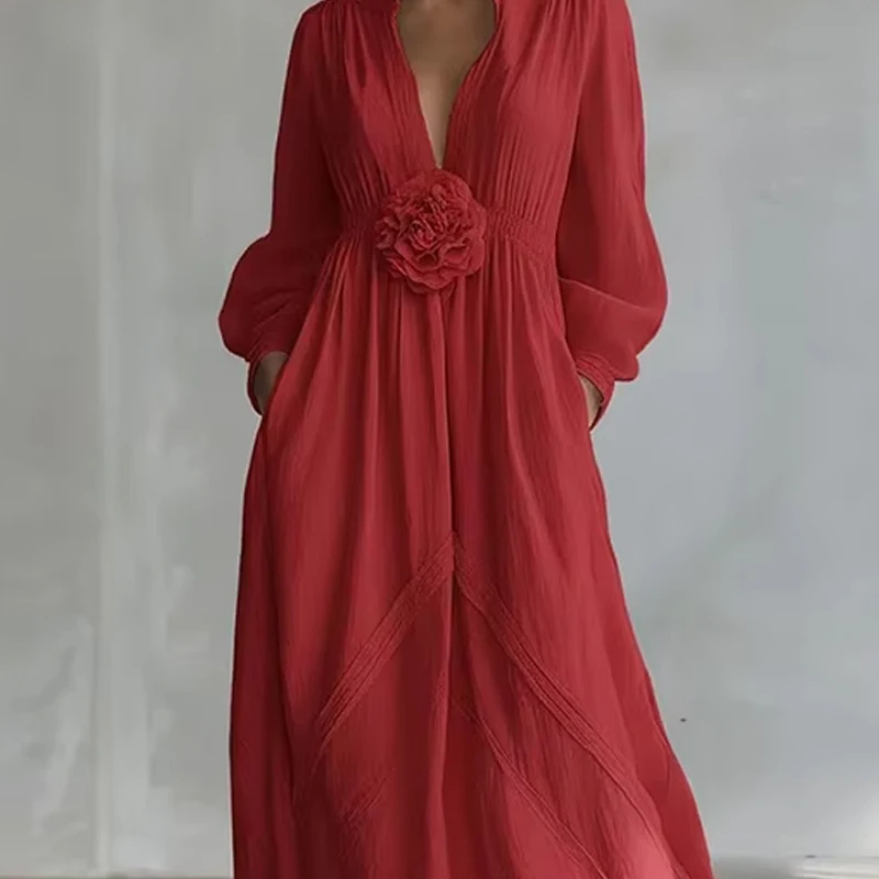 

Elegant V-neck Long Sleeve Loose Robe Dress Woman Fashion Hight Waist 3D Flower Party Dress Cotton Linen Draped Soild Long Dress