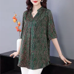 Female 6XL Big Size Loose Chiffon Blouse Half Sleeve V Neck Oversized Print Vintage Women Summer 2022 New Casual Pullover Shirt