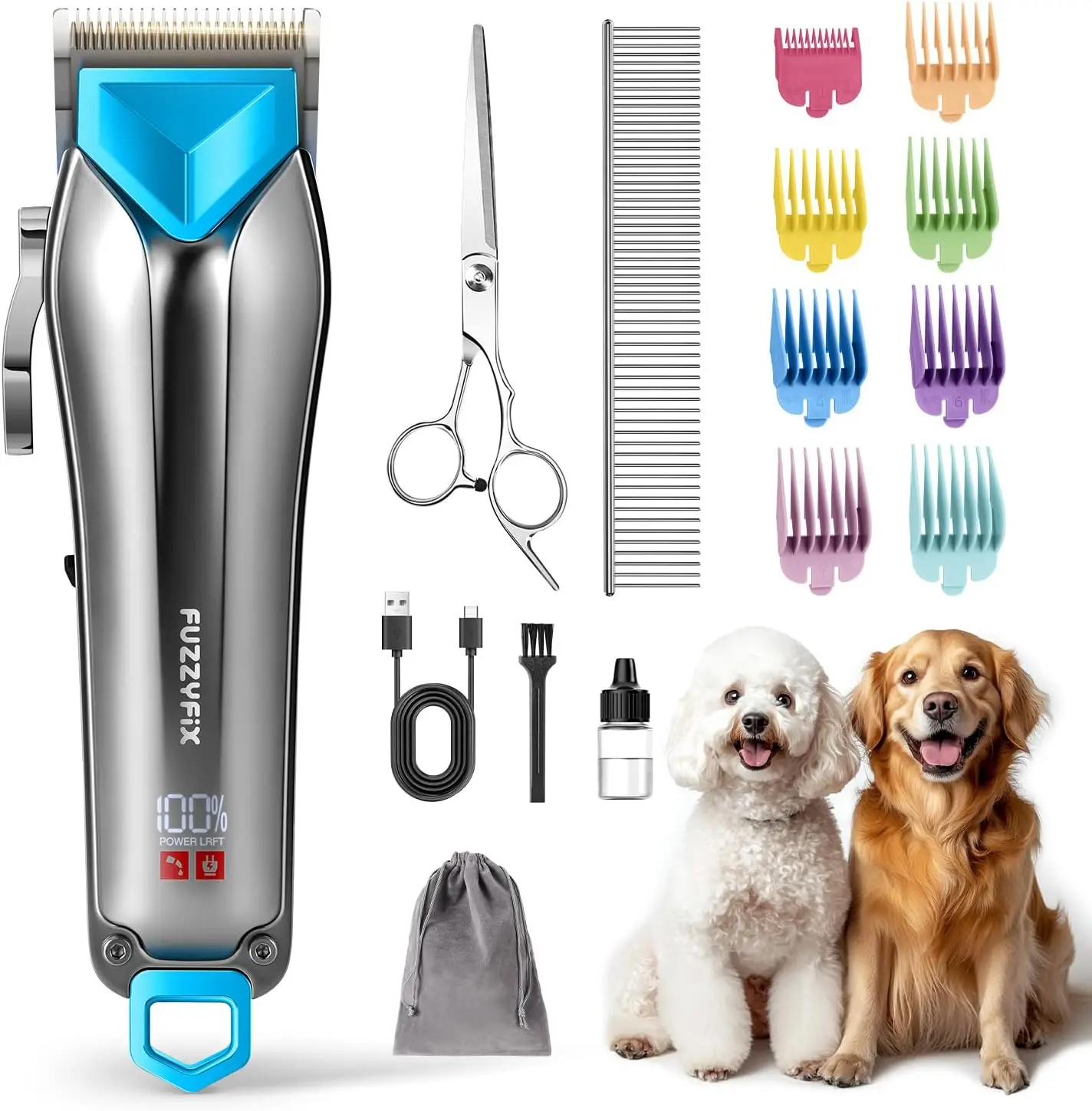 

Dog Clippers for Thick Coats, Cordless Rechargeable Low Noise Pet Grooming Kit with 8 Guide Combs