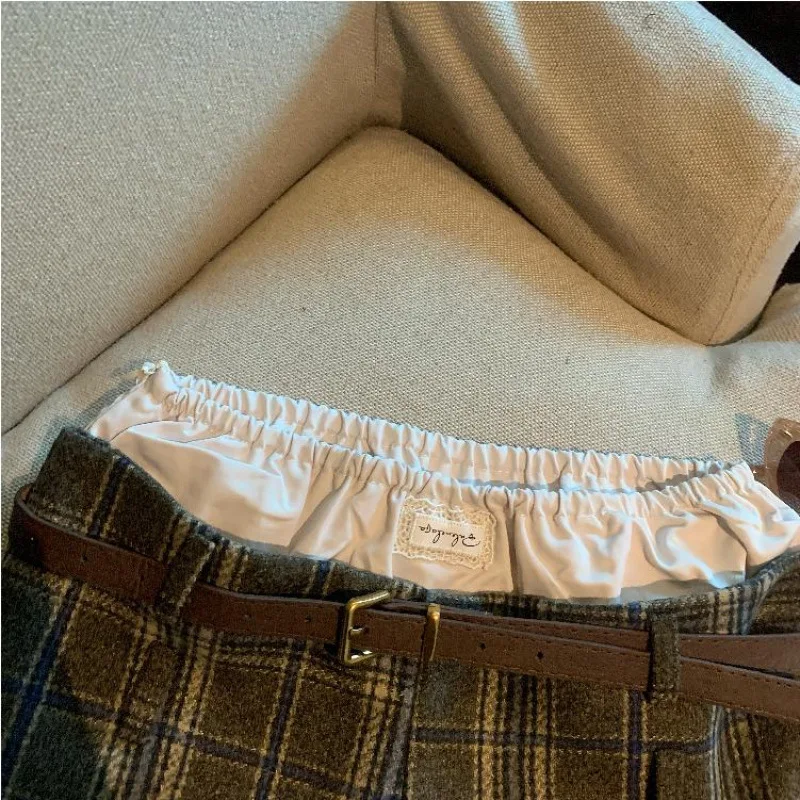 High Waist Plaid Woolen Shorts Women Belted Hot Pants Preppy Y2K Style Autumn Winter Casual Short Pants